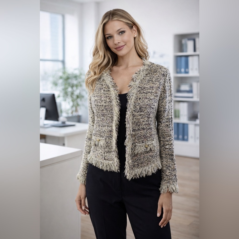 Cache Tweed Fringe Cardigan Jacket Beige Neutral Boucle Open Front Blazer M Chic